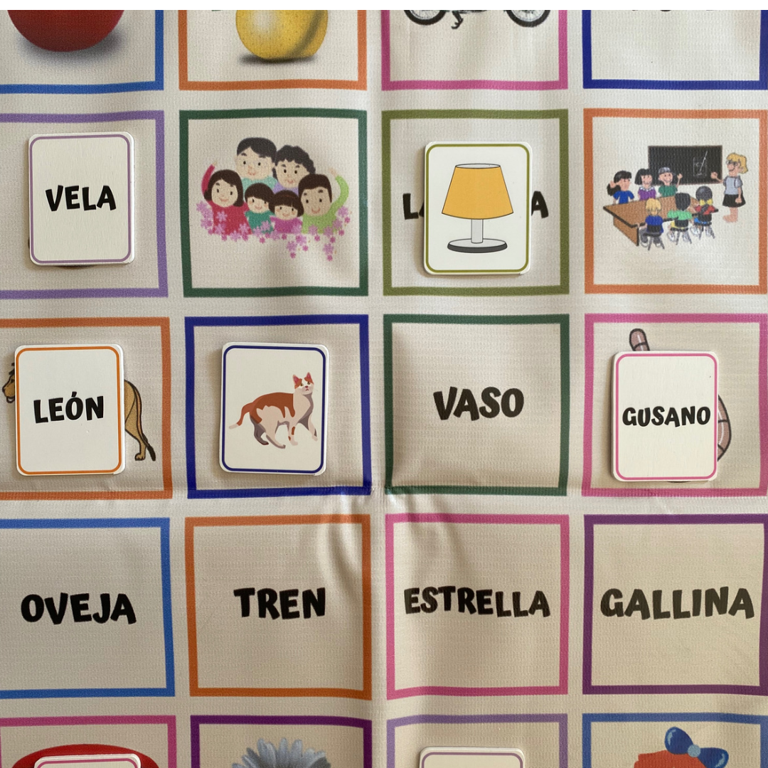 Tablero del juego Busca Busca Ludoniño con palabras e imágenes para apoyar la lectura inicial de forma entretenida.