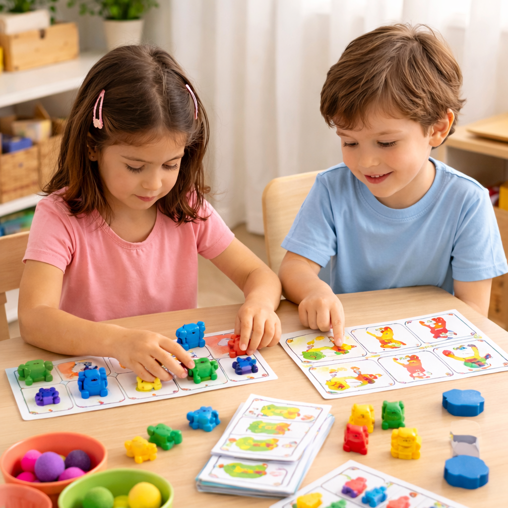 iños realizando juego educativo para estimular memoria de trabajo, organización y flexibilidad mental.