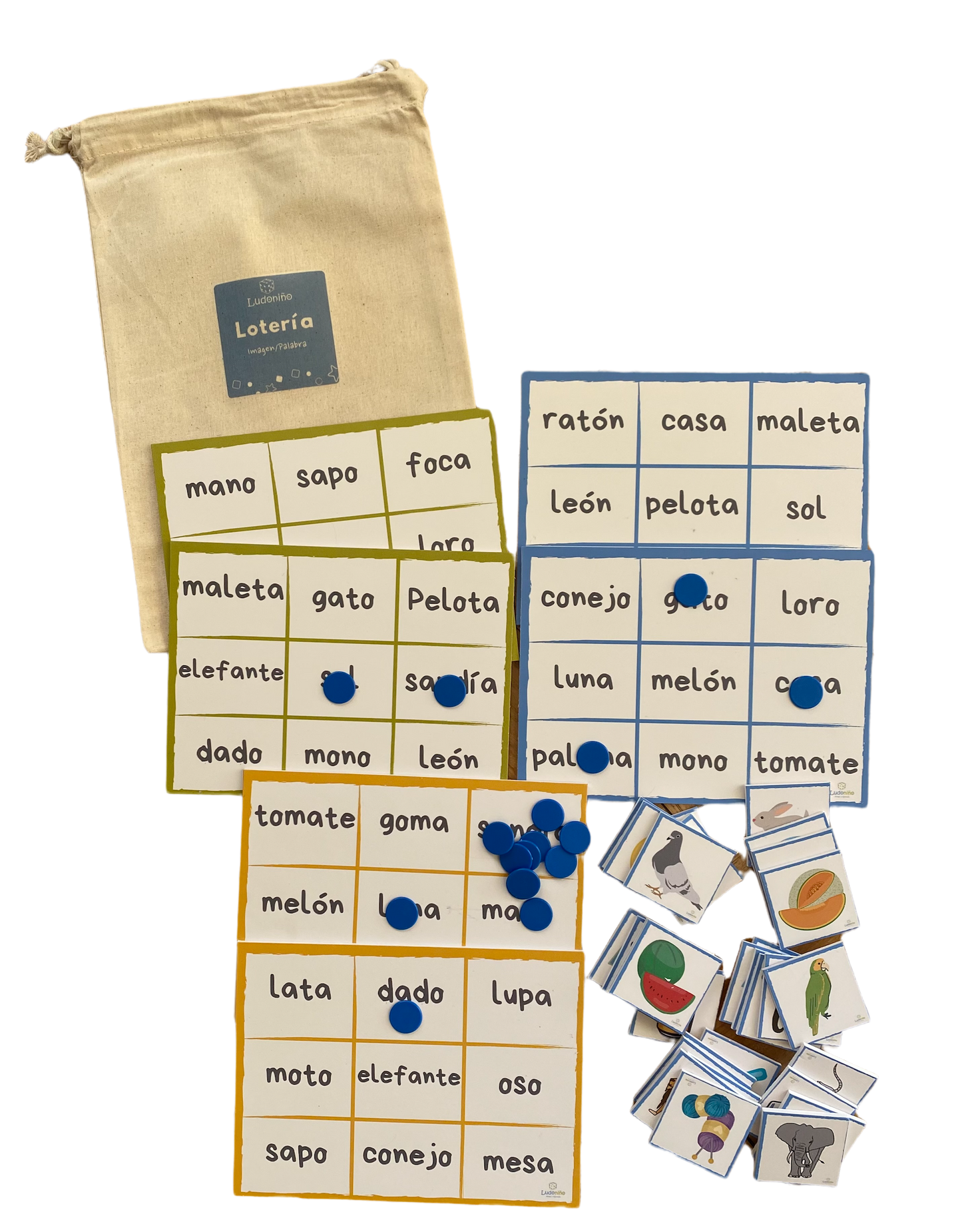 Lotería infantil para relacionar palabras con imágenes